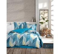 Nuit Des Rêves Ranforce - Set di copertine per trapunta singola, 135 x 200 cm, 100% cotone, colore: blu/bianco/giallo, lavabile in lavatrice, 145 thread Count, bottoni e chiusura a bottone, elegante e
