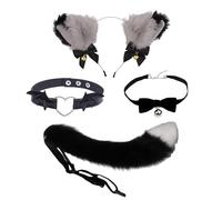 Nujvnuj Costume da gatto per cosplay, 4 pezzi, imitazione pelosa, volpe, lupo, coda, amore, in pelle PU, colore nero, argento, campana raffinata, campana in peluche, fascia per carnevale, a tema,