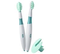 NUK 10256205 - Set di 2 spazzolini per imparare a lavarsi i denti, con anello di protezione incluso, privo di bisfenolo A (BPA)