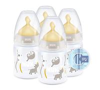 NUK 10743987 First Choice+ - Set di biberon da 0 a 6 mesi, controllo della temperatura, anti coliche, 150 ml, senza BPA, tettarella in lattice, safari (beige), 4 pezzi