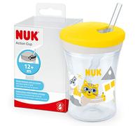 NUK Action Cup bicchiere con cannuccia per bambini | 12+ mesi | Coperchio con chiusura ad avvitamento e cannuccia morbida | A prova di perdite | Senza BPA | 230ml | gatto giallo