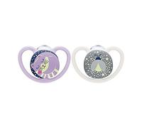 NUK Capezzolo Space Night | 18-36 mesi | Lecca-lecca con aria extra larga che brilla al buio | Silicone senza BPA | gatto e coccinella | 2 unità Rosa (fosforescenti)