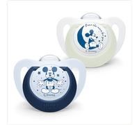 NUK Disney Mickey Mouse Star Day & Night - Ciuccio in silicone ortodontico, 18-36 mesi, senza BPA, 2 pezzi, bianco e blu, edizione limitata