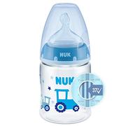 Nuk First Choice+ Biberon, 0-6 mesi, controllo della temperatura, valvola anticolica, tettarella in silicone, senza BPA, trattore blu, 150 ml