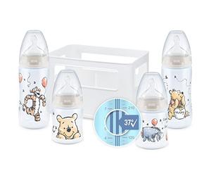 NUK First Choice+ biberon Starter Set | 0-6 mesi | 4 bottiglie con controllo della temperatura e scatola porta-biberon | Valvola anti-coliche | Senza BPA | Disney Winnie the Pooh | 5 pezzi