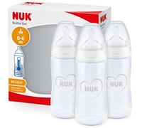NUK First Choice+ set biberon | 0-6 mesi | Controllo temperatura | Sfiato Anti-Colica | Senza BPA | 300 ml | Tettarella in silicone | 3 pezzi | giraffa rosa
