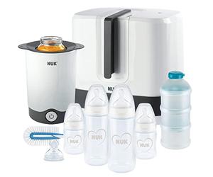 NUK First Choice+ Set completo di alimentazione | Sterilizzatore Vario Express, 4x biberons, 1x tettarella extra, scaldabiberonr e altro ancora | cuore (neutro) | 9 flaconi