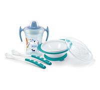 NUK Learn To Eat Set | Trainer Cup Tazza Biberon | Piattino E Cucchiaini Per La Pappa | 6+ Mesi | Senza Bpa | 4 Pezzi, color Safari (blu), 230 ml