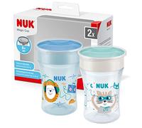 NUK Magic Cup Bicchiere Antigoccia | Bordo Anti-rovesciamento A 360° | 8+ Mesi | Senza Bpa, 2 Pezzi, colore Blu, Leone + Gatto, 230 ml