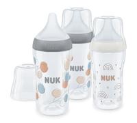 NUK Set biberon Perfect Match | 3+ mesi | Si adatta al palato del bambino | Controllo temperatura | Sfiato anti-colica | 260 ml | Senza BPA | Tettarella media in silicone | Arcobaleno e fiocco | 3 pz
