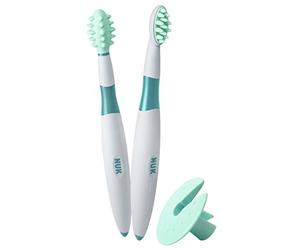 NUK Set di spazzolini da denti per imparare | 6+ mesi | Spazzolino da denti e spazzolino da denti per imparare per bambini | Anello protettivo e portaspazzolino | Senza BPA | 3 pz