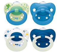 NUK Signature Day & Night ciuccio | 6-18 mesi | Calma il 95% dei bambini | Succhietti a forma di cuore in silicone senza BPA | Glow-in-the-dark | Stelle | 4 pezzi