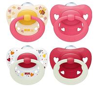 NUK Signature Day & Night ciuccio | 6-18 mesi | Calma il 95% dei bambini | Succhietti a forma di cuore in silicone senza BPA | Glow-in-the-dark | Cuori | 4 pezzi