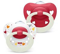 NUK Signature Night ciuccio | 0-6 mesi | Calma il 95% dei bambini | Succhietti a forma di cuore in silicone senza BPA | Glow-in-the-dark | Custodia compresa | Cuori Rossi | 2 pezzi