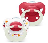 NUK Signature Night ciuccio | 18-36 mesi | Calma il 95% dei bambini | Succhietti a forma di cuore in silicone senza BPA | Glow-in-the-dark | Custodia compresa | Cuori Rossi | 2 pezzi