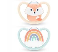 NUK Space ciuccio | 0-6 mesi | Ciucci con ventilazione supplementare per pelli sensibili | Silicone senza BPA | Volpe e arcobaleno | 2 pezzi