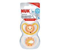 NUK Space ciuccio | 6-18 mesi | Ciucci con ventilazione supplementare per pelli sensibili | Silicone senza BPA | Leone e sole | 2 pezzi