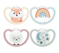 NUK Space Day & Night ciuccio | 0-6 mesi | Succhietti che si illuminano al buio con ventilazione extra per pelli delicate | Silicone senza BPA | Volpe & Pecora | 4 pezzi