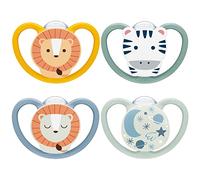 NUK Space Day & Night ciuccio | 18-36 mesi | Succhietti che si illuminano al buio con ventilazione extra per pelli delicate | Silicone senza BPA | Zebra & Leone | 4 pezzi