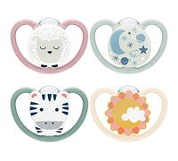 NUK Space Day & Night ciuccio | 6-18 mesi | Succhietti che si illuminano al buio con ventilazione extra per pelli delicate | Silicone senza BPA | Zebra & Pecore | 4 pezzi