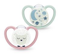 NUK Space Night Tetine per neonati, 0-6 mesi, ciucci fosforescenti con ventilazione extra large per pelli sensibili, in silicone senza BPA, pecora (confezione da 2)