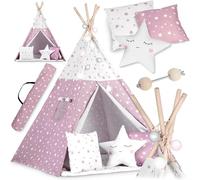 NUKIDO - Set di 3 cuscini per bambini, stile Montessori, in cotone e telaio in legno con tappetino isolante, 120 x 120 x 165 cm, colore: Rosa con stelle