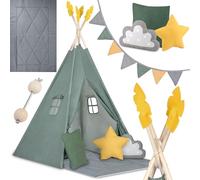 Nukido, Teepee - Tenda per bambini, verde, con ghirlanda, cuscini, tappetino grande, stabilizzatore
