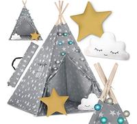 Nukido Tenda per bambini Tipi in cotone, cornice in legno, design incantevole, facile da pulire, 120 x 120 x 165 cm, luci grigie con stelle, 740120