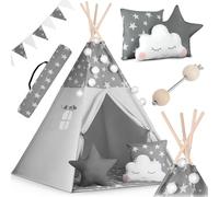 Nukido Tenda per bambini Tipi in cotone, cornice in legno, design incantevole, facile da pulire, 120 x 120 x 165 cm, ghirlande di luci grigie, 740020, grigio con stelle, ghirlande