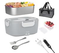 Nulmvic Scaldavivande Elettrico Portatile 75W per Auto Camion e Ufficio 12V/24V/220V - 3 in 1 Lunch Box Elettrico 1,5L Contenitore in Acciaio Inossidabile 304 con Borsa Termica (Grigio)