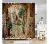 Nulpen Tenda da doccia con motivo di edifici e paesaggio urbano, fiori e piante, stile retrò, porta antica, paesaggio rurale estivo, tenda da bagno, decorazione per il bagno (180x240 cm/LxA)