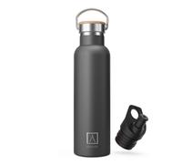 Numada - Bottiglia termica in acciaio inox 600ml Nero con due pareti sottovuoto e rivetti in ceramica, mantiene fresca 24H e calore 12H | Bocca lunga | Senza BPA | Include 2 spine (1 sport)