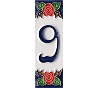 Numeri civici, numeri e lettere italiane in ceramica, motivo rosa, dimensioni piastrelle: 10 cm x 3,5 cm, 3 a 6 cornici (numero 9)