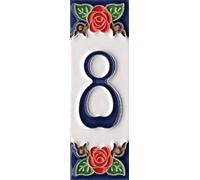 Numeri civici, numeri e lettere italiane in ceramica, motivo rosa, dimensioni piastrelle: 10 cm x 3,5 cm, 3 a 6 cornici (numero 8)