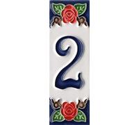 Numeri civici, numeri e lettere italiane in ceramica, motivo rosa, dimensioni piastrelle: 10 cm x 3,5 cm, 3 a 6 cornici (numero 2)