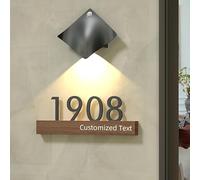 Numeri civici personalizzati, indirizzo civico creativo con luce e base in legno, testo di personalizzazione per hotel, residenziale, casa, numero civico, dormitorio, cartello digitale con numero di