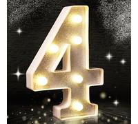 Numero 4 luci LED argentate glitterate, adatte per feste di compleanno, baby shower, decorazioni per la casa, sfondo per matrimoni, 21 cm, argento numero 4 (bianco caldo)