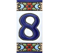 Numero casa.Insegna con numeri e lettere di piastrelle ceramica dipinte a mano con la tecnica "cuerda seca", nomi indirizzi e segnaletica. Disegno FLORES MINI 7,3 cm x 3,5 cm (NUMERO OTTO "8")