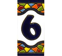 Numero casa. Insegna con numeri e lettere fatte di piastrelle di ceramica policroma, dipinte a mano con la tecnica "cuerda seca", nomi indirizzi e segnaletica. Testo personalizzabile. Disegno MOSAICO MINI 7,3 cm x 3,5 cm (NUMERO SEI "6")