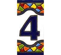 Numero casa. Insegna con numeri e lettere fatte di piastrelle di ceramica policroma, dipinte a mano con la tecnica "cuerda seca", nomi indirizzi e segnaletica. Testo personalizzabile. Disegno MOSAICO MINI 7,3 cm x 3,5 cm (NUMERO QUATTRO "4")