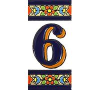 Numero casa. Insegna con numeri e lettere fatte di piastrelle di ceramica policroma, dipinte a mano con la tecnica "cuerda seca", nomi indirizzi e segnaletica. Testo personalizzabile. Disegno FLORES MEDIANO 10,9 cm x 5,4 cm. (NUMERO SEI "6")