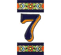 Numero casa. Insegna con numeri e lettere fatte di piastrelle di ceramica policroma, dipinte a mano con la tecnica "cuerda seca", nomi indirizzi e segnaletica. Testo personalizzabile. Disegno FLORES MEDIANO 10,9 cm x 5,4 cm. (NUMERO SETTE "7")