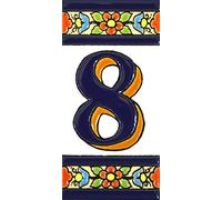 Numero casa. Insegna con numeri e lettere fatte di piastrelle di ceramica policroma, dipinte a mano con la tecnica "cuerda seca", nomi indirizzi e segnaletica. Testo personalizzabile. Disegno FLORES MEDIANO 10,9 cm x 5,4 cm. (NUMERO OTTO "8")