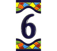 Numero casa. Insegna con numeri e lettere fatte di piastrelle di ceramica policroma, dipinte a mano con la tecnica "cuerda seca", nomi indirizzi e segnaletica. Testo personalizzabile. Disegno MOSAICO MEDIANO 10,9 cm x 5,4 cm. (NUMERO SEI "6")
