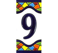 Numero casa. Insegna con numeri e lettere fatte di piastrelle di ceramica policroma, dipinte a mano con la tecnica "cuerda seca", nomi indirizzi e segnaletica. Testo personalizzabile. Disegno MOSAICO MEDIANO 10,9 cm x 5,4 cm. (NUMERO NOVE "9")