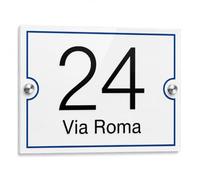 Numero Civico Esterno Personalizzato Targa in Plexiglass da Esterno (15x10) | Targa personalizzata con numero, via e nome famiglia; 3 misure e montaggio adesivo, solo fori o kit con distanziatori inox