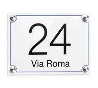 Numero Civico Esterno Personalizzato Targa in Plexiglass da Esterno (30x20) | Targa personalizzata con numero, via e nome famiglia; 3 misure e montaggio adesivo, solo fori o kit con distanziatori inox