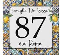 Numero Civico in Ceramica Personalizzabile, Targa Decorativa Per b&b Cin su Mattonella 11x11cm,Numeri Civici Esterno con Indirizzo e Nome Famiglia, Made in Italy, Stile Maiolica di Sorrento
