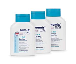 numis med Gel doccia ph 5.5 confezione da 3 - Gel doccia lenitivo per pelli molto sensibili - Cura della pelle vegana senza siliconi, parabeni, olio minerale - Gel doccia (3x 200 ml)