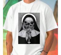 Nun with Skull Face and Inverted Cross Maglietta Uomo Gothic Streetwear T Shirt Manica Corta Moda Casual Idea Regalo Cool Novità Esclusiva L,M,S,XL,XXL,XXXLHalloweenTessuto in maglia